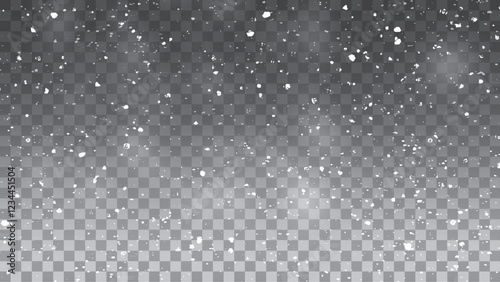 Snow and wind. Vector heavy snowfall, snowflakes in various shapes and forms. Many white cold flakes elements on a transparent background. White snowflakes are flying in the air. snow background.
