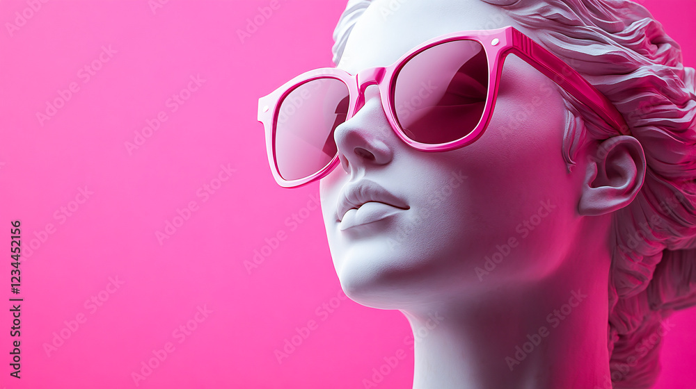 A white marble statue of ancient greek goddess wearing modern pink sunglasses on a pastel background