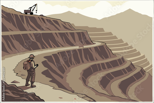 massive open-pit mine, terraced mountainside, industrial mining landscape, lone worker with hardhat and backpack, panoramic vista, rugged terrain, earth tones, dramatic scale, environmental impact,