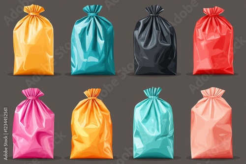 Colorful assortment of tied plastic bags arranged in two rows with a neutral background photo