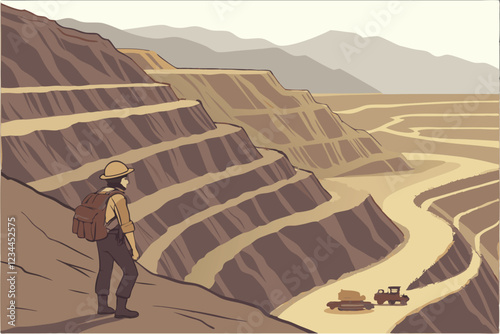 massive open-pit mine, terraced mountainside, industrial mining landscape, lone worker with hardhat and backpack, panoramic vista, rugged terrain, earth tones, dramatic scale, environmental impact,