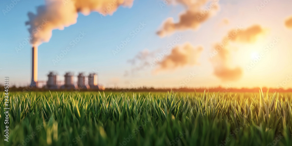 Lush green grass in foreground with factory emitting smoke in background, showcasing contrast between nature and industry Lush green grass in foreground with factory emitting smoke in background, showcasing contrast between nature and industry
