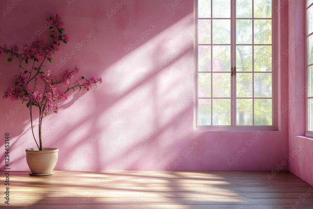 Bright and inviting room with a pink wall and potted blooming plant beside large windows Bright and inviting room with a pink wall and potted blooming plant beside large windows