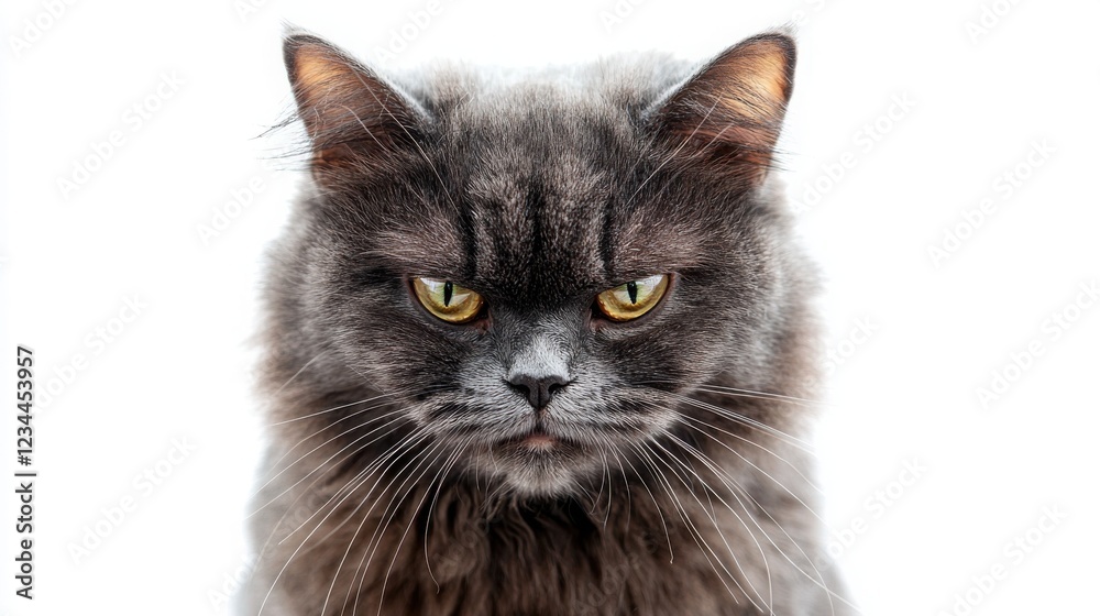 Obraz premium A grumpy gray longhair cat stares intensely at the camera against a white background. Its golden eyes and serious expression create a captivating image.
