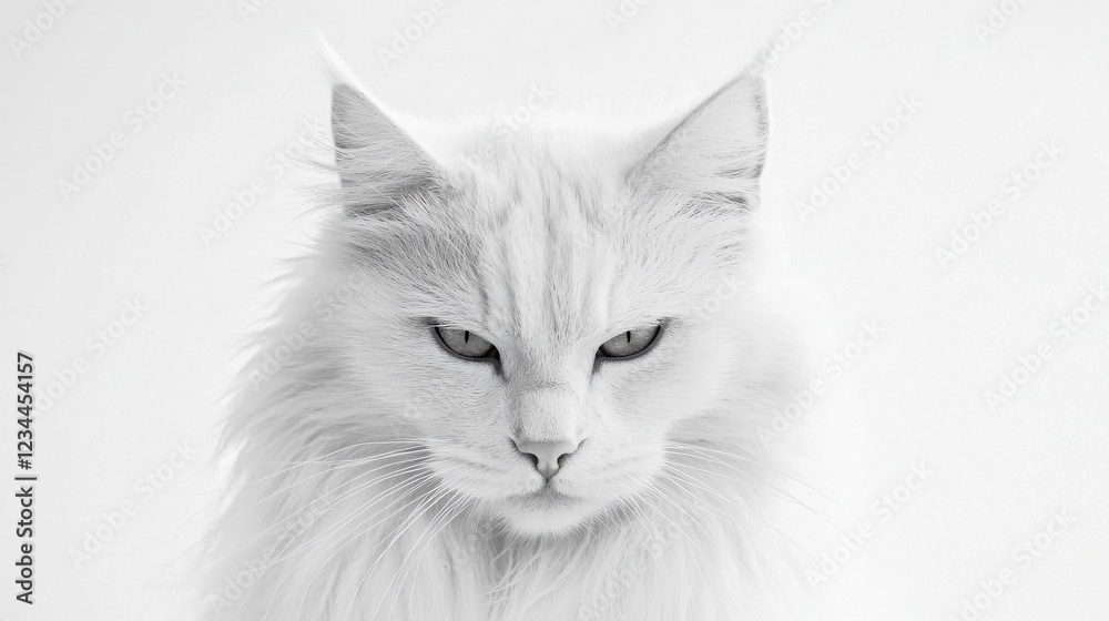 Fototapeta premium A majestic longhaired white cat stares intently into the camera, its piercing gaze captivating against a stark white background. The monochromatic palette enhances the feline's regal presence.