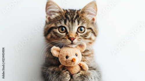 Adorable tabby kitten gently cradles a small stuffed animal.  The soft lighting and neutral background highlight the kitten's sweet expression.