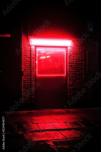 Red Neon Light Illuminates Brick Building Doorway at Night photo