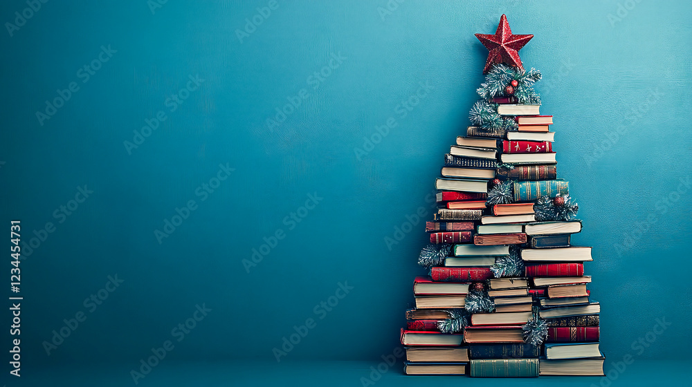 Banner/design/wallpaper top view xmas tree made of books , solid blue background, space for copy Banner/design/wallpaper top view xmas tree made of books , solid blue background, space for copy