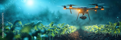 Eine futuristische Landwirtschaft mit einer leuchtenden Drohne, die über Pflanzen fliegt und deren Wachstum mit Hilfe von künstlicher Intelligenz und nachhaltiger Technologie überwacht