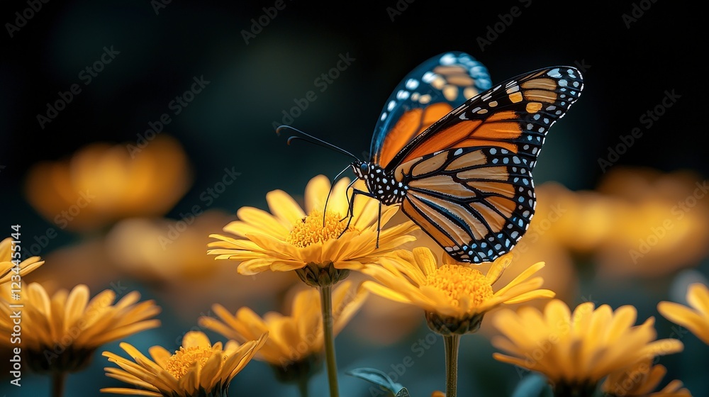 Fototapeta premium Monarch Butterfly on Yellow Daisies: A Close-up of Nature's Beauty
