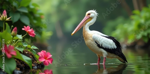 Perro pelado pelicano en su h?bitat natural con flores, h?bitat, biodiversidad photo