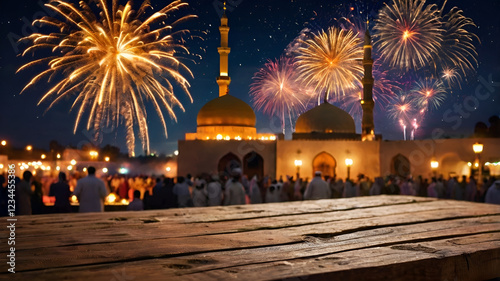 Empty Wooden Table with Eid Fireworks and Takbir in the Background photo