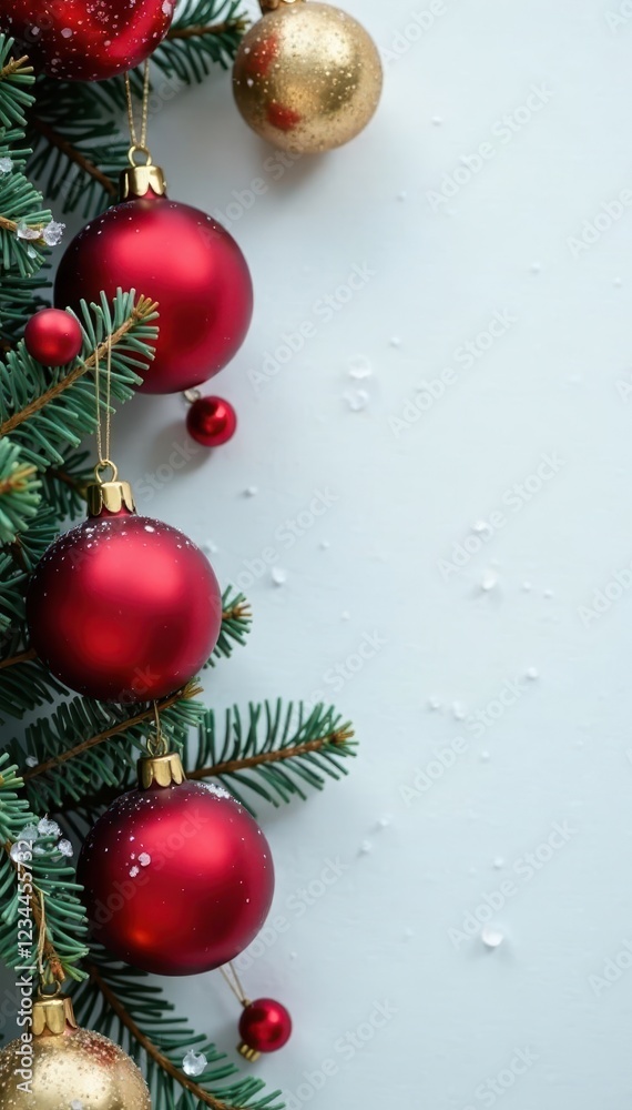 Fototapeta premium Red and gold vintage ball garland against snowy white background, Christmas, holiday, snowflake