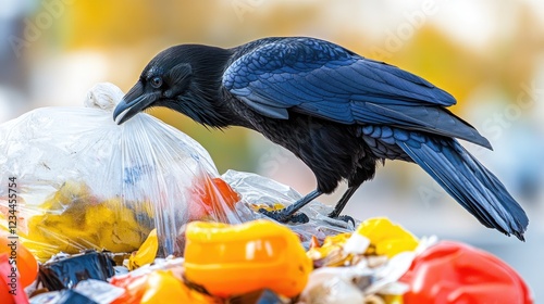 Crow Foraging on Urban Trash Pile Amidst Colorful Autumn Foliage in Cityscape photo