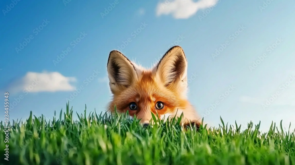 Fototapeta premium Mischievous fox peeks out from lush green grass under a bright blue sky