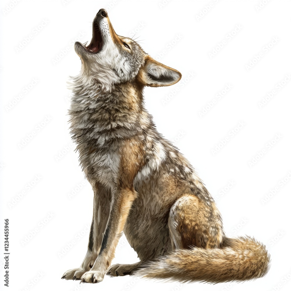 Obraz premium Realistic Coyote Howling with Detail Against White Background Captured in High Resolution