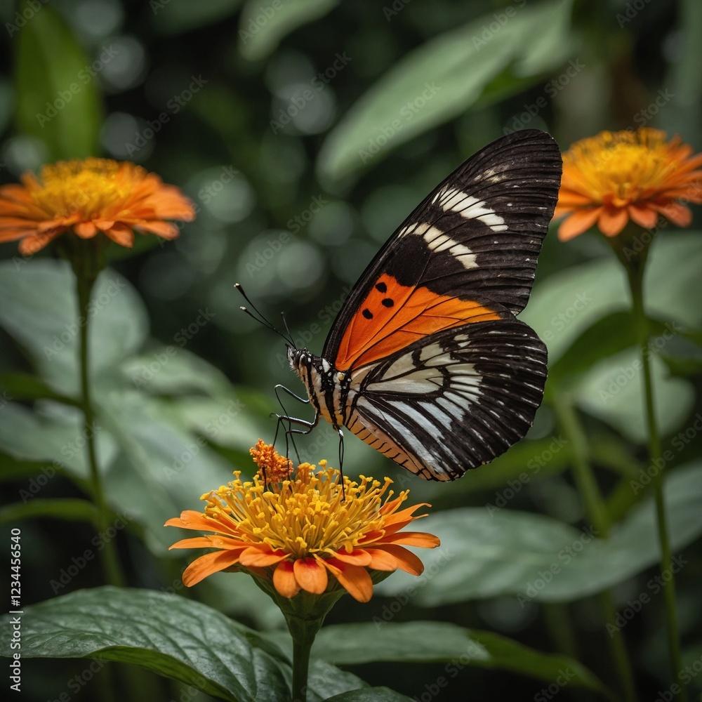 Obraz premium A vibrant Ismenius Tiger butterfly (Heliconius ismenius) delicately perched on a colorful tropical flower, its striking orange and black patterned wings spread wide. 