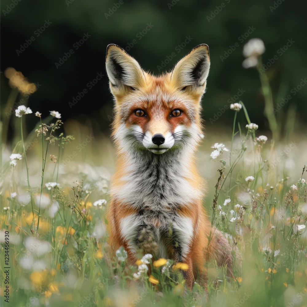 Obraz premium Portrait of a Curious Red Fox Standing Among Wildflowers in a Lush Green Meadow on a Bright Sunny Day