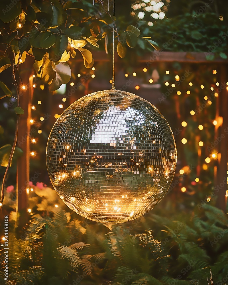 Obraz premium Suspended Mirror Ball Among Lush Greenery and Lights, Highlighting Sophisticated Event Decor in a Garden Setting