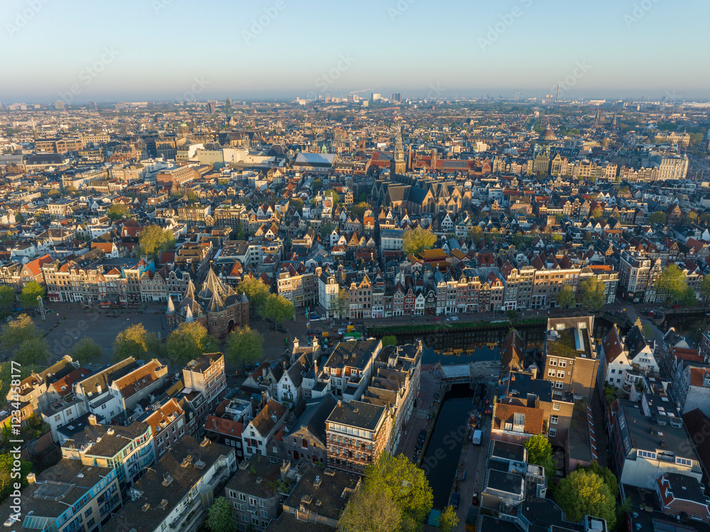 Amsterdam Historical Center Aerial morning View. Dam Street in Amsterdam, the Netherlands. Calm Dawn City, Centraal.
