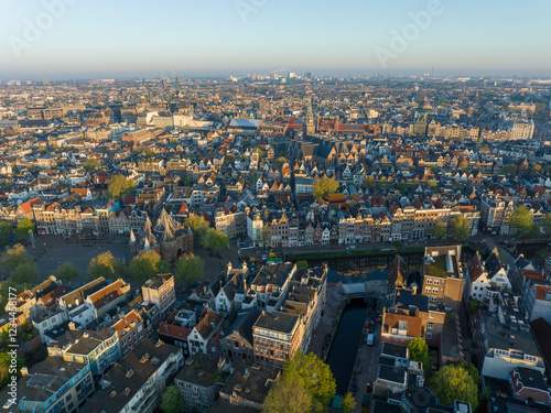 Obraz na płótnie Amsterdam Historical Center Aerial morning View. Dam Street in Amsterdam, the Netherlands. Calm Dawn City, Centraal. w salonie