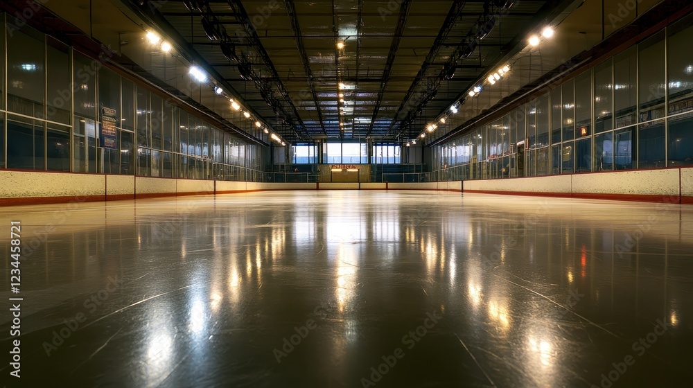 Empty Ice Rink with Glimmering Surface and Bright Lighting Empty Ice Rink with Glimmering Surface and Bright Lighting