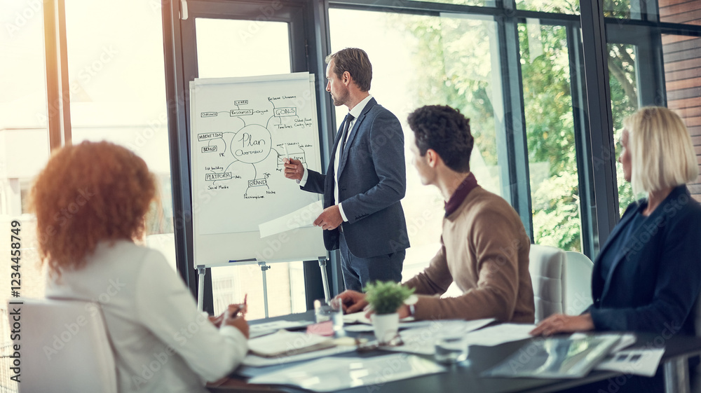 Fototapeta premium Coaching, teaching or businessman by whiteboard for presentation, education or staff training. Paperwork, report or manager with mind map for team planning, finance workshop or skills development