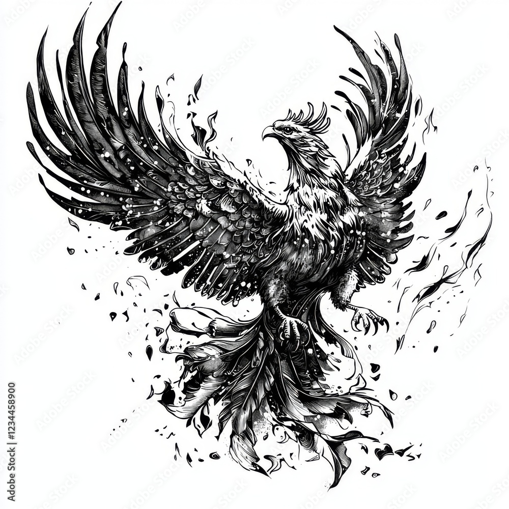 Obraz premium Majestic Black and White Illustration of a Phoenix Rising with Elegant Feathers and Dynamic Motion