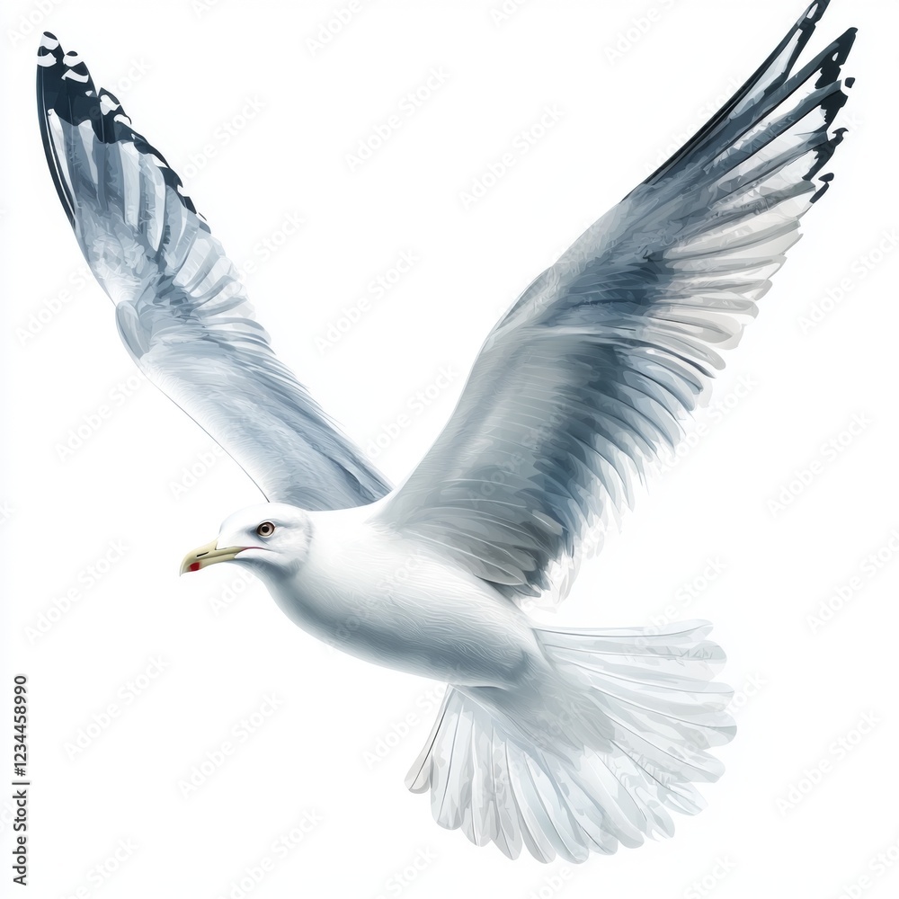 Majestic Seagull in Flight with Detailed Feather Design Against White Background Majestic Seagull in Flight with Detailed Feather Design Against White Background