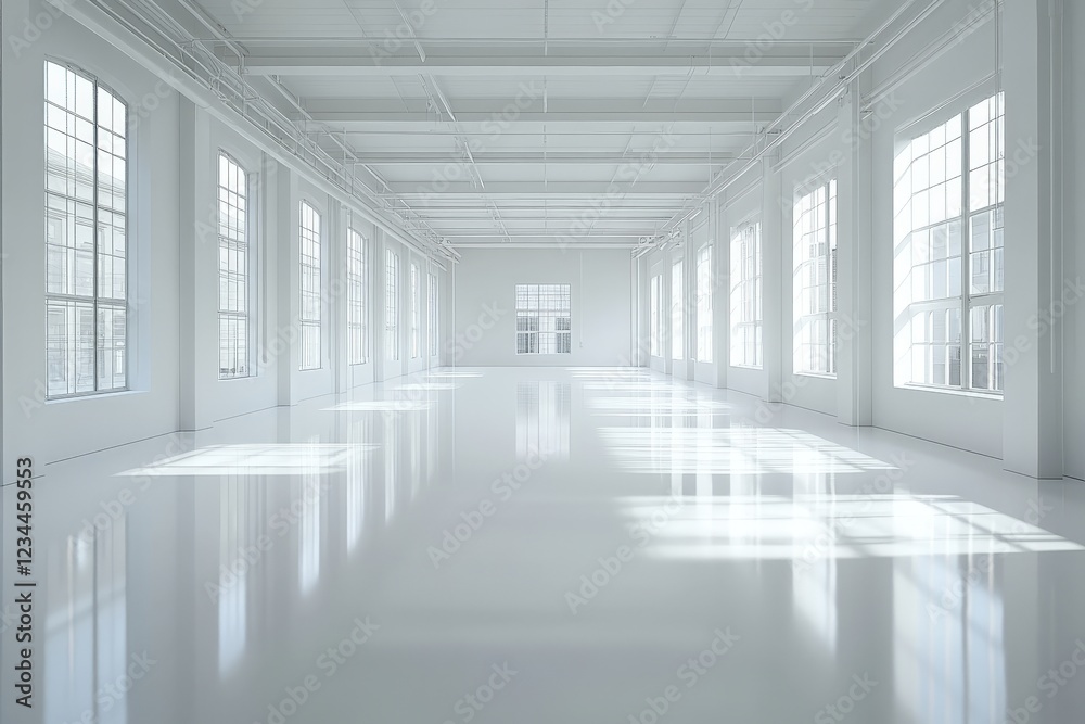 Obraz premium Bright and Airy Empty White Warehouse Interior with Large Windows Flooded with Natural Light for Contemporary Design or Art Studio Use