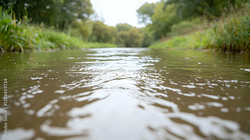Fototapeta premium Calm river flowing through lush green landscape