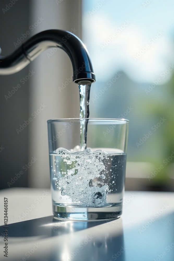 A faucet slowly releases water into a waiting glass, calm, liquid A faucet slowly releases water into a waiting glass, calm, liquid