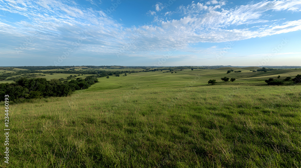 Rolling hills landscape, green pasture, summer sky Rolling hills landscape, green pasture, summer sky