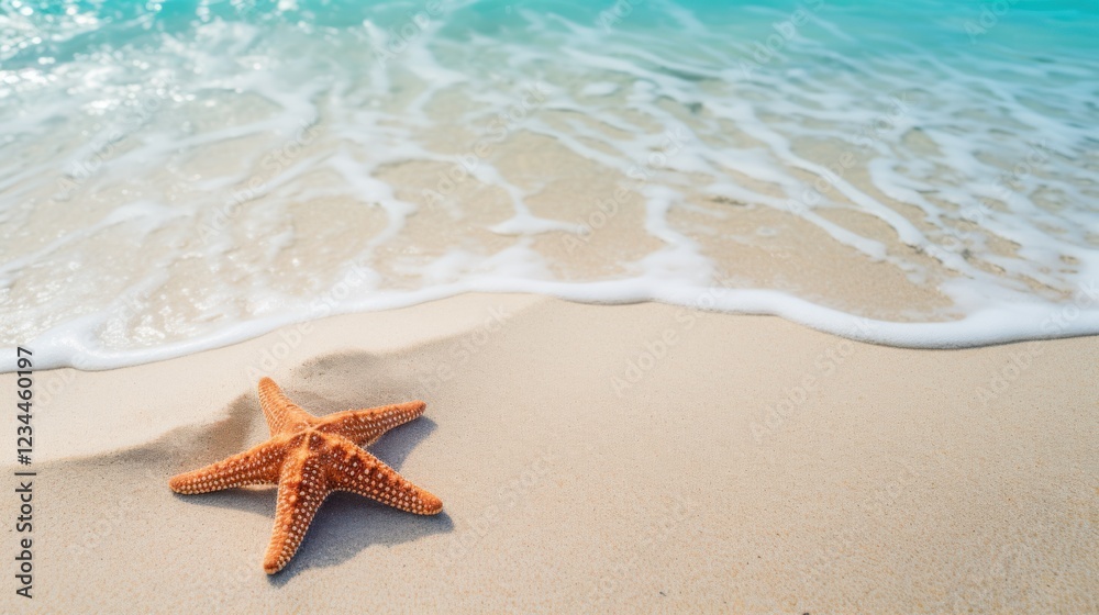 A lone starfish on rippled sand, with serene waves in the background, captures a peaceful coastal scene. A lone starfish on rippled sand, with serene waves in the background, captures a peaceful coastal scene.
