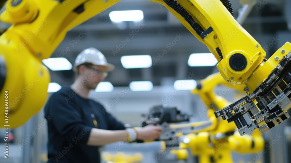 Fototapeta premium A dynamic view of a manufacturing engineer overseeing robotic assembly in an electronics manufacturing facility, Robotics assembly scene, Automation precision style
