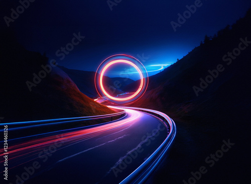 A winding road at night, illuminated by vibrant light trails, leads towards a glowing red circular portal set against a dark, mountainous landscape under a twilight sky.