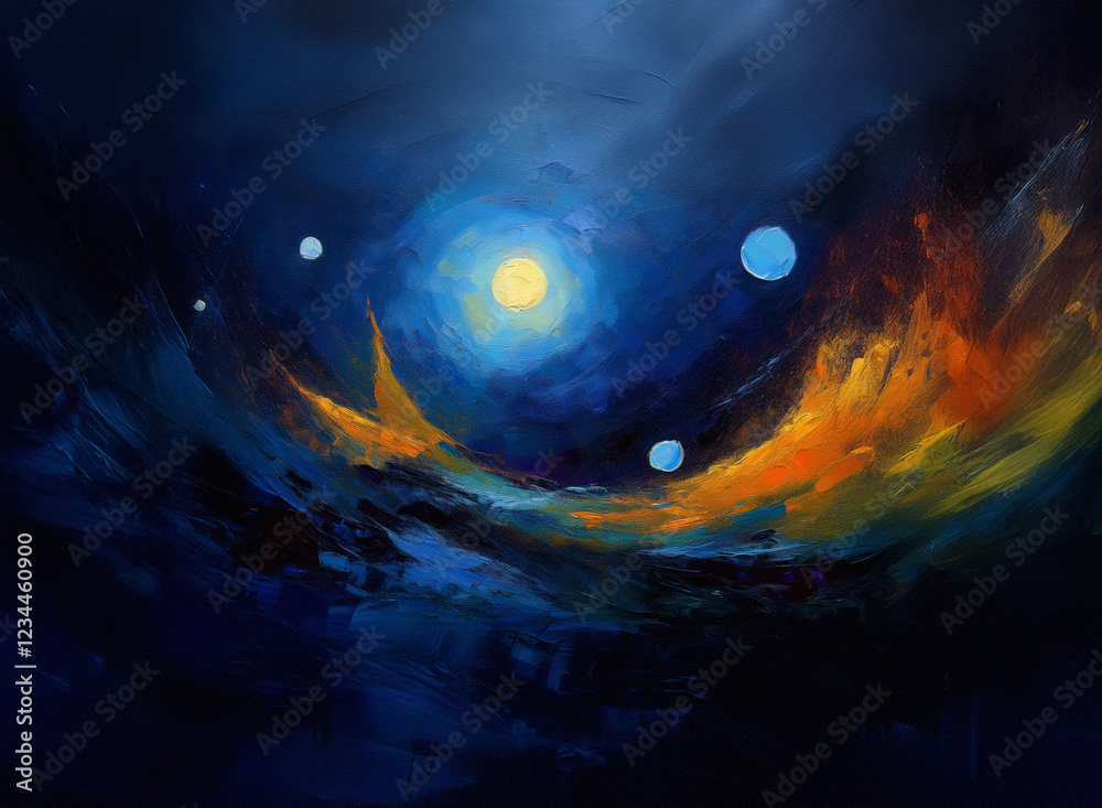 Obraz premium Abstract cosmic landscape painting. A swirling blend of blues, oranges, and dark hues depict celestial bodies and a mysterious, dreamlike terrain.