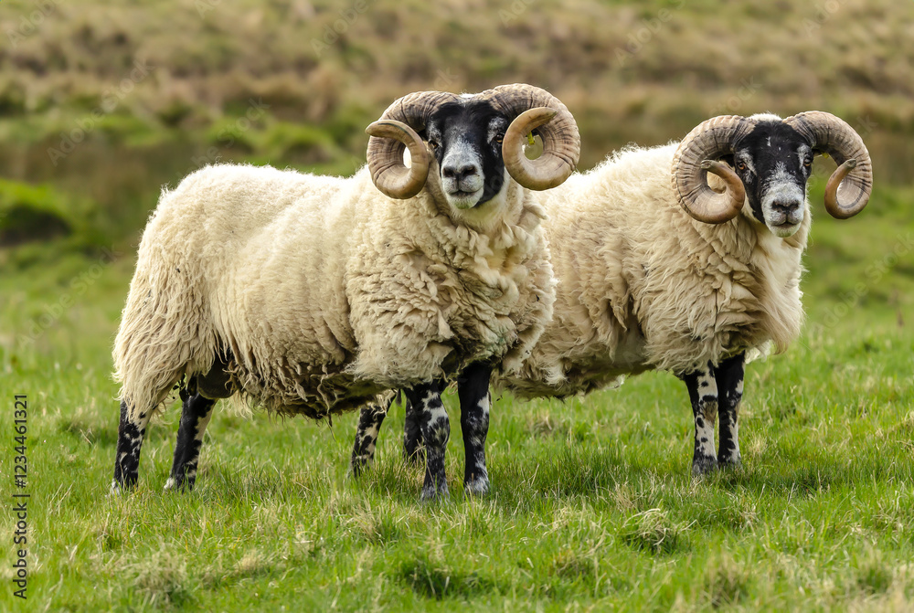 Fototapeta premium Sheep, Scottish Blackface, Swaledale rams in Springtime. Two fine rams with magnificent curly horns, facing front in green meadow. Horizontal. Copy space