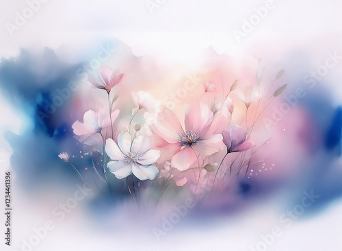 Soft, pastel flowers bloom in a dreamy watercolor landscape.  Delicate petals and blurred backgrounds create a serene, romantic atmosphere.