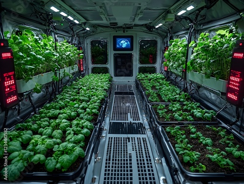 Astronauts harvest genetically modified crops in a Mars greenhouse with 360° LED sun simulators. Robotic bees pollinate plants, while hydroponic trays display real-time soil analytics via holograms photo