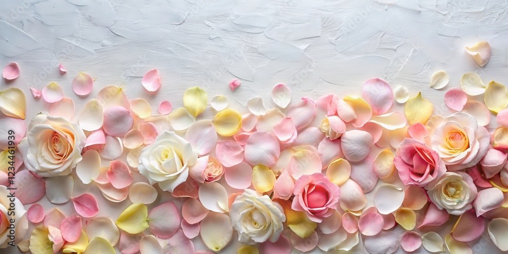 Obraz premium Beautifully arranged rose petals in a soft, pastel color palette on a white floral wall background , rose, garden