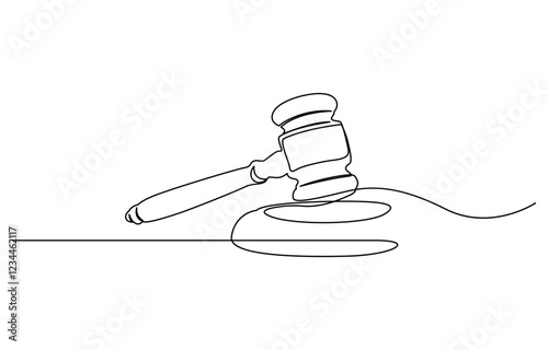 Judge hammer one continuous single line art drawing, One line drawing of judge hammer law symbol continuous hand drawn sketch minimalist design vector illustration.
