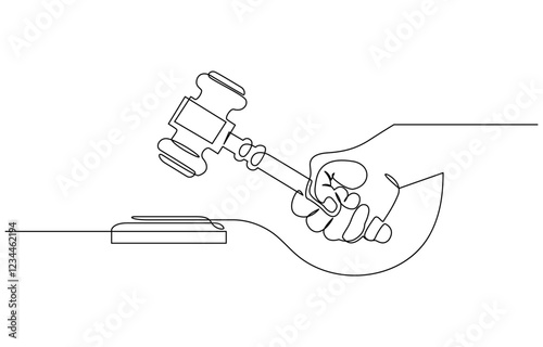 Continuous line drawing of the judge's hand tapping the gavel.one line drawing, One continuous single drawing line art flat doodle judge, court, gavel, law, legal, justice, hammer, gavel in the judge.