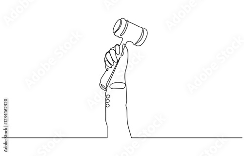 Continuous line drawing of the judge's hand tapping the gavel.one line drawing, One continuous single drawing line art flat doodle judge, court, gavel, law, legal, justice, hammer, gavel in the judge.