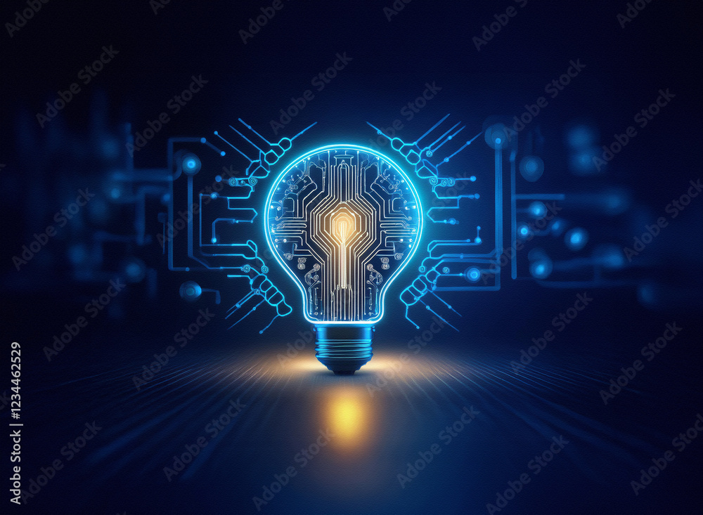 A glowing lightbulb, its interior a circuit board, symbolizes innovation and technological breakthroughs. The design suggests a brilliant idea, digitally enhanced. A glowing lightbulb, its interior a circuit board, symbolizes innovation and technological breakthroughs. The design suggests a brilliant idea, digitally enhanced.