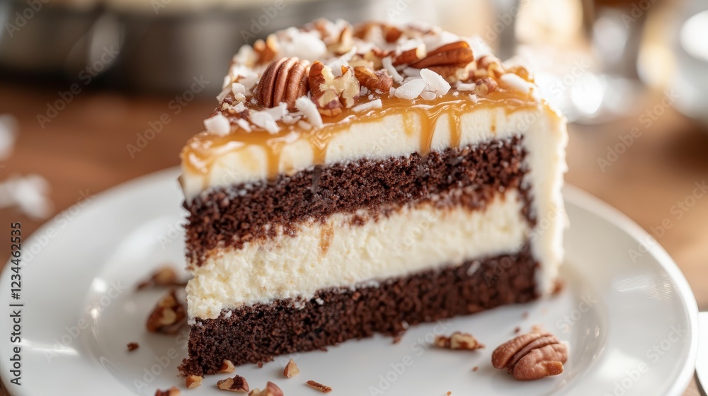Slice of pecan and chocolate cake Slice of pecan and chocolate cake