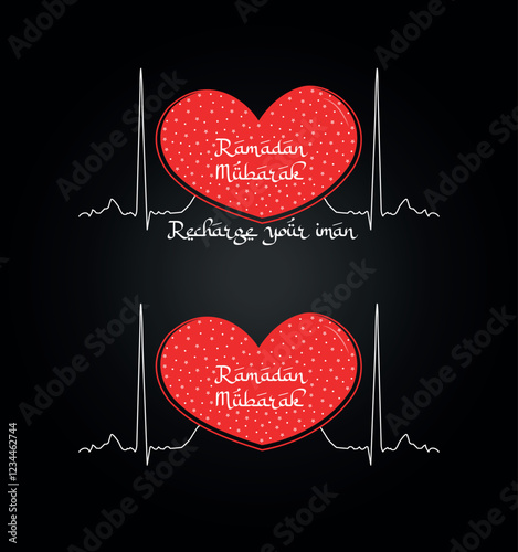 Set of Ramadan Mubarak vector elements with red doted heart beat love shape 
