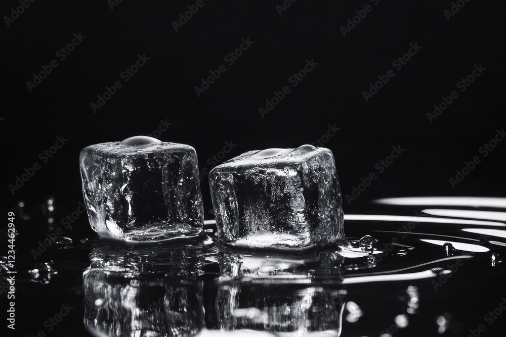 Two ice cubes melting on a dark surface. Two ice cubes melting on a dark surface.