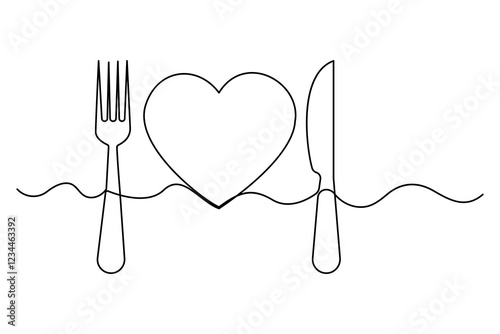 Love knife and fork continuous one line art drawing of heart hand drawn vector illustration

