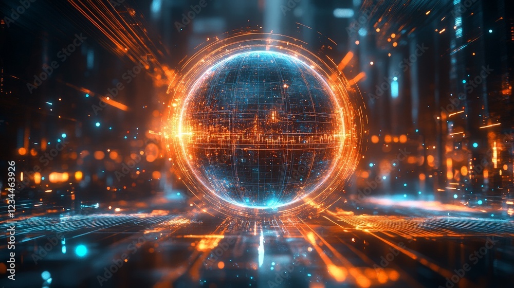 Obraz premium A glowing sphere surrounded by digital patterns and light effects. Ideal for sci-fi or tech innovation themes.